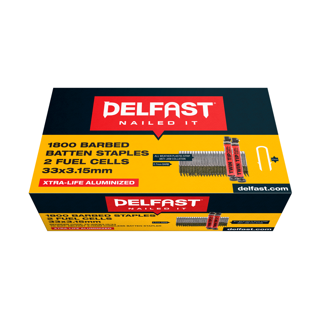 Delfast Batten Staple Galv Barbed w Fuel 33x3.15 1800 Packet